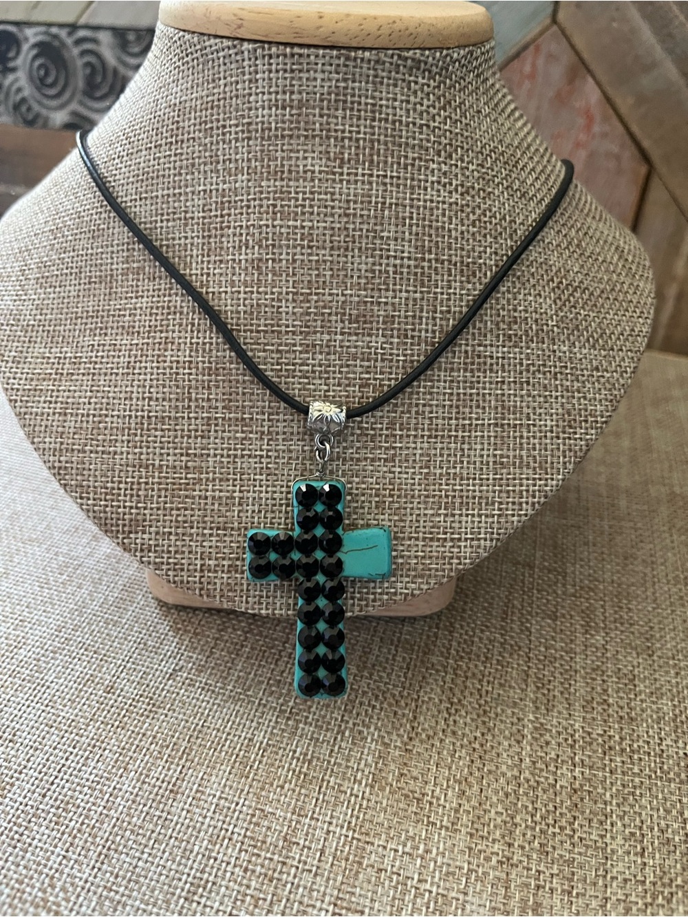 Turquoise Cross Pendant Necklace with Black Crystal Accents